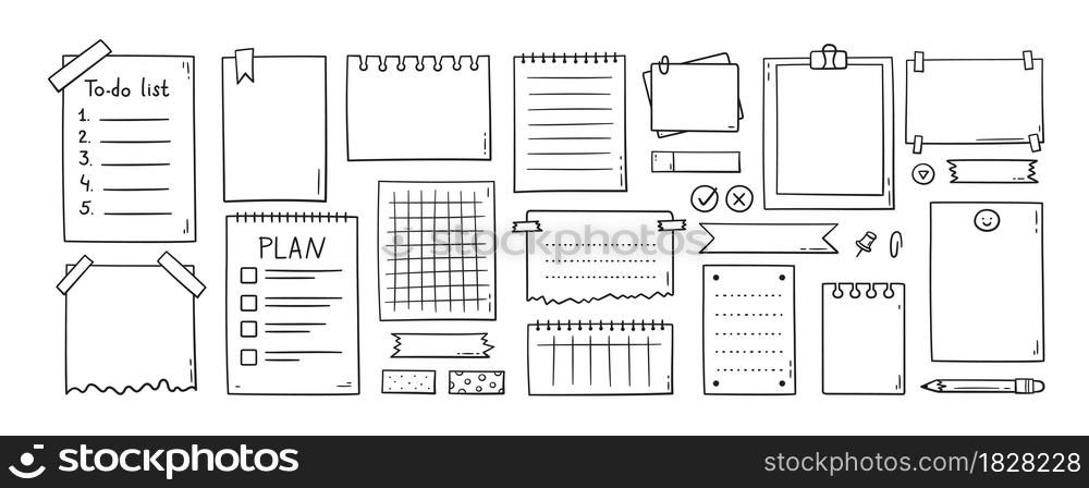 Hand drawn memo paper sheets, sticky note, reminder, to do list, sticky tape and pins. Bullet journal elements in doodle style. Vector illustration in white background.. Hand drawn memo paper sheets, sticky note, reminder, to do list, sticky tape and pins. Bullet journal elements in doodle style. Vector illustration in white background