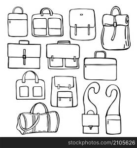 Hand drawn men&rsquo;s bags. Vector sketch illustration.. Men&rsquo;s bags. Vector illustration.