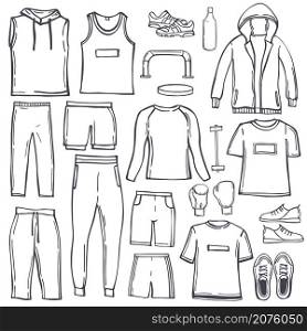 Hand drawn men&rsquo;s clothes for sports and fitness. Sport style shirts, pants, jackets, tops, shorts. Vector sketch illustration.. Clothes for sports and fitness. Sketch illustration.
