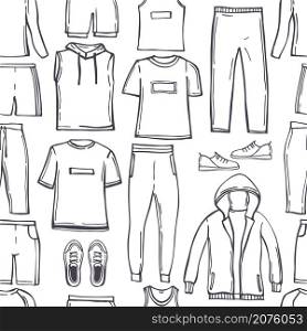 Hand drawn men&rsquo;s clothes for sports and fitness. Sport style shirts, pants, jackets, tops, shorts. Vector seamless pattern. . Clothes for sports and fitness. Vector pattern.