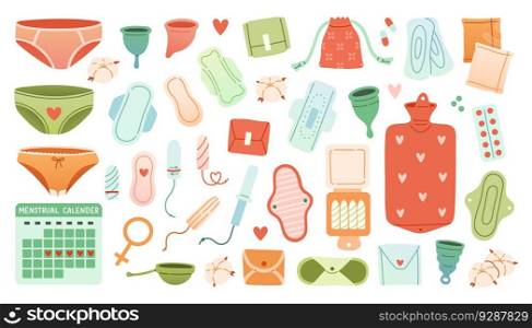 Hand drawn menstrual periods set tampon, pads, menstrual cup. Female regular menstrual cycle concept. Menstrual period, menstruation, premenstrual syndrome, ovaries vector illustration