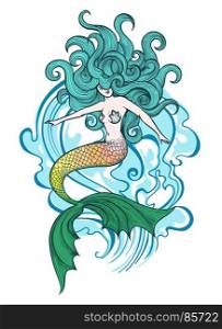 Hand drawn mermaid against wavy ornament drawn in tattoo style. Vector illustration.
