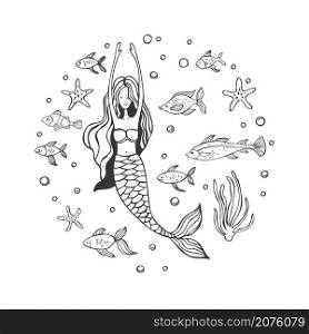 Hand drawn mermaid in a circle. Vector sketch illustration.. Mermaid.Vector illustration.