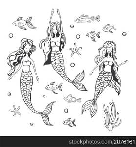Hand drawn mermaids on white background.Vector sketch illustration.. Mermaids.Vector illustration.