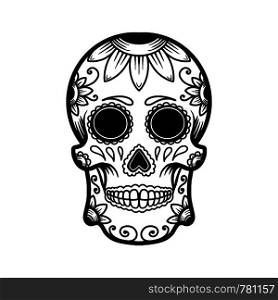 hand drawn mexican sugar skull isolated on white background. Design element for poster, card, banner, t shirt, emblem, sign. Vector illustration