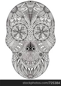 Hand drawn mexican sugar skull with flowers pattern. Isolated vector art for adult coloring book page. Skull print tattoo design. Hand drawn mexican sugar skull with flowers pattern. Isolated vector art for adult coloring book page. Skull print tattoo design.