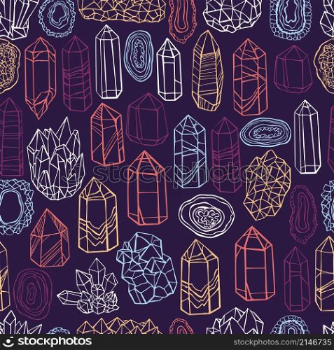 Hand drawn minerals, and crystals. Vector seamless pattern.