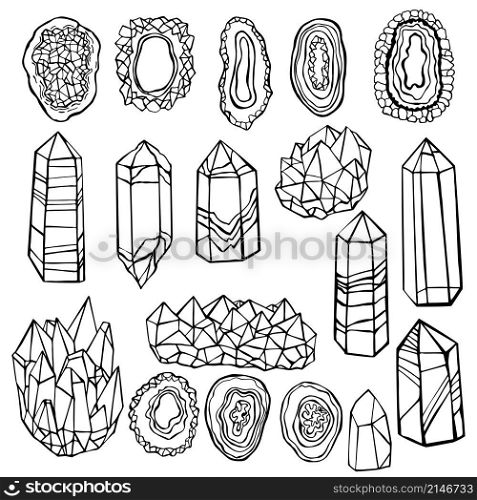 Hand drawn minerals and crystals. Vector sketch illustration.