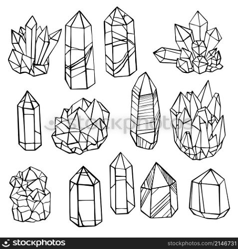 Hand drawn minerals and crystals. Vector sketch illustration.. Hand drawn minerals and crystals.