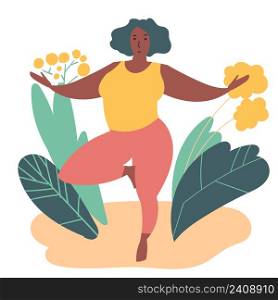 Hand drawn minimal vector illustration of cartoon black woman character doing yoga asana pose outside in nature with backgroud of tropical leafs and plants.. Hand drawn minimal vector illustration of cartoon person character doing yoga