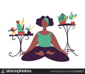 Hand drawn minimal vector illustration of cartoon black woman character doing yoga meditation pose at home with backgroud of potted plants.. Hand drawn minimal vector illustration of cartoon black woman character doing yoga meditation