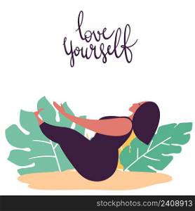 Hand drawn minimal vector illustration of cartoon woman character doing yoga asana pose outside in nature with backgroud of tropical leafs and plants.. Hand drawn minimal vector illustration of cartoon person character doing yoga