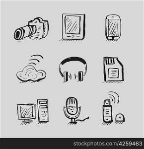 Hand drawn mobile devices vector black icon set