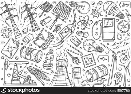 Hand drawn modern technologies and innovations. Concept of renewable energy, electricity, gas station, nuclear power doodle set background. Hand drawn modern technologies and innovations.