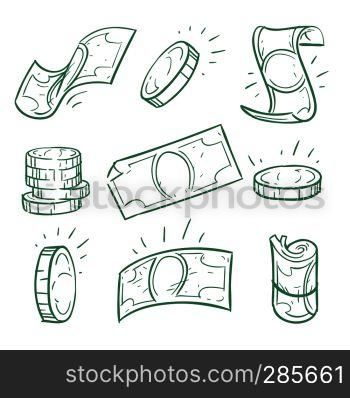 Hand drawn money. Doodle dollar banknotes and coins vector set. Money cash doodle, coin sketch finance banknote illustration. Hand drawn money. Doodle dollar banknotes and coins vector set