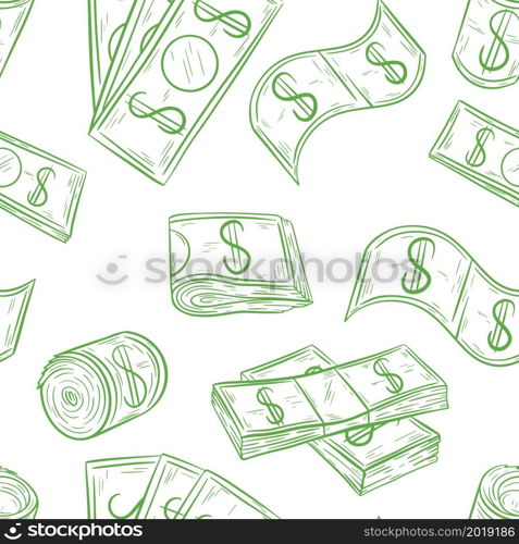 Hand drawn money seamless pattern. Background with green banknotes and dollar bills. Template for packing, design, wallpaper, vector illustration.. Hand drawn money seamless pattern.