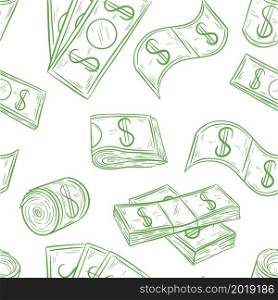 Hand drawn money seamless pattern. Background with green banknotes and dollar bills. Template for packing, design, wallpaper, vector illustration.. Hand drawn money seamless pattern.