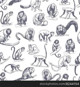 Hand-drawn monkeys of South America.  Vector  seamless pattern.. Vector  pattern with hand-drawn monkeys of South America.