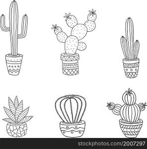 Hand drawn monochrome cactus set. Vector illustration.
