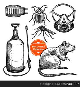 Hand drawn monocrome sketch pest control set with insects rodent and repellent isolated on white background vector illustration. Hand Drawn Sketch Pest Control