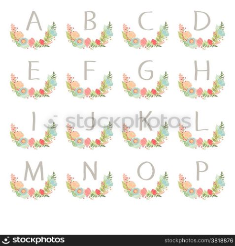 Hand drawn monogram wreath table card A to P. Vector illustration