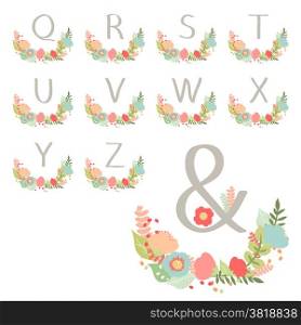 Hand drawn monogram wreath table card Q to Z. Vector illustration