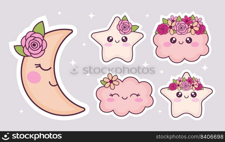 Hand drawn moon, stars and clouds. Cute cartoon kawaii stickers collection. Funny comic character patch. Child print for graphic tee.