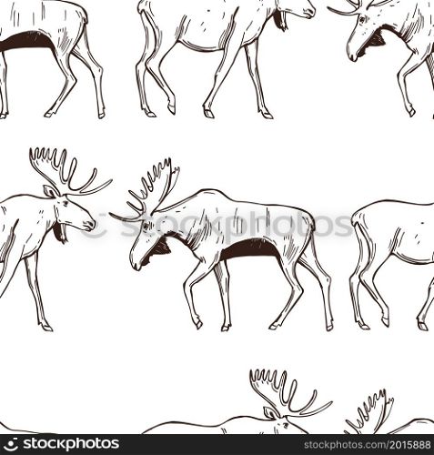 Hand drawn moose. Vector seamless pattern.