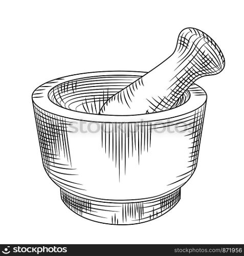 Hand drawn mortar and pestle isolated on white background. Grinding spices and solid food ingredients. Engraved style. Vector illustration. Hand drawn mortar and pestle isolated on white background.