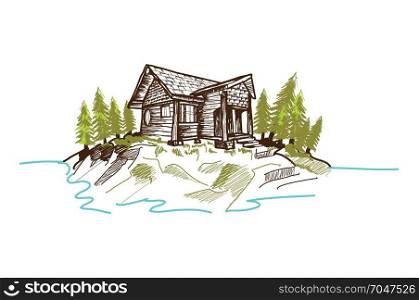 Hand-drawn mountain cabin
