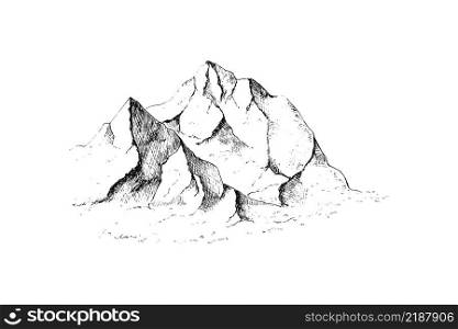 Hand drawn mountain landscape. Peaks, rocks and hills in the snow. Ski resort.