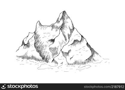 Hand drawn mountain landscape. Peaks, rocks and hills in the snow. Ski resort.
