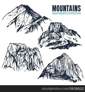 Hand Drawn Mountains Contours. Hand drawn contours of different forms of mountains and its peaks on white background isolated vector illustration