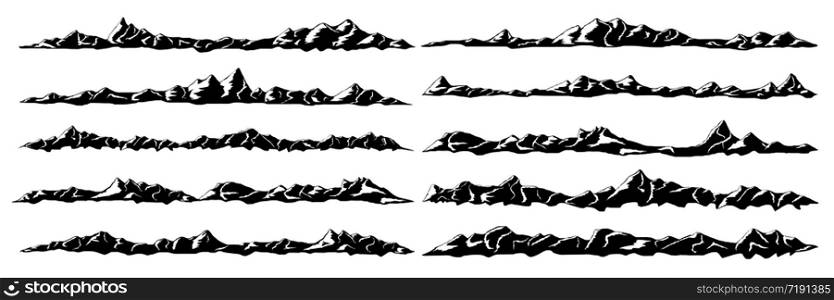 hand drawn mountains silhouettes, rocky peaks vector illustration