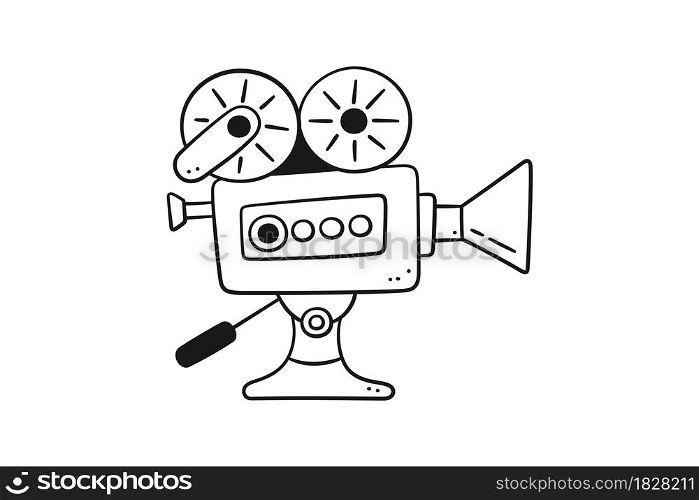 Hand drawn movie camera. Cinema projector in doodle style. Old vintage video camera. Vector illustration isolated on white background. Black and while.. Hand drawn movie camera. Projector in doodle style. Old vintage video camera. Vector illustration isolated on white background. Black and while