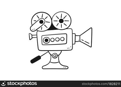 Hand drawn movie camera. Cinema projector in doodle style. Old vintage video camera. Vector illustration isolated on white background. Black and while.. Hand drawn movie camera. Projector in doodle style. Old vintage video camera. Vector illustration isolated on white background. Black and while