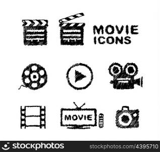 Hand drawn movie icon set isolated on white