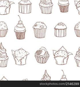 Hand drawn muffins and cupcakes. Vector seamless pattern