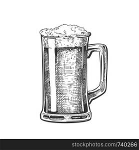 Hand Drawn Mug With Froth Bubble Beer Drink Vector. Full Mug With Handle And Alcoholic Fresh Cold Brewery Liquid Light Ale. Closeup Monochrome Black And White Template Cartoon Illustration. Hand Drawn Mug With Froth Bubble Beer Drink Vector