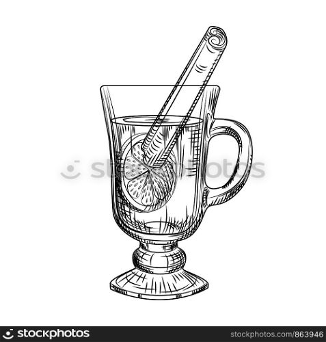 Hand drawn mulled wine isolated on white background. Mulled wine glass. Engraving style. Vector illustration. Hand drawn mulled wine isolated on white background. Mulled wine glass.