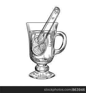 Hand drawn mulled wine isolated on white background. Mulled wine glass. Engraving style. Vector illustration. Hand drawn mulled wine isolated on white background. Mulled wine glass.
