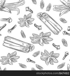 Hand drawn mulled wine spices seamless pattern. Cinnamon sticks, cloves, vanilla, anise, cardamom, ginger on white background. Engraving style. Vector illustration. Hand drawn mulled wine spices seamless pattern.