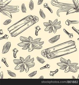 Hand drawn mulled wine spices seamless pattern. Cinnamon sticks, cloves, vanilla, anise, cardamom, ginger Vector illustration. Hand drawn mulled wine spices seamless pattern.