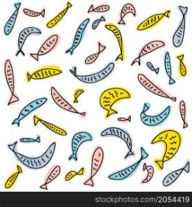 Hand drawn multicolored fishes set. Perfect for T-shirt, textile and print. Doodle vector illustration for decor and design.