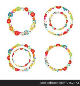 Hand-drawn multicolour doodle circular outlines, frames made of flower, star, cloud shapes. Kid scribble and copy space. Editable zenart template, ethnic design element, clipart for prints. Round doodle frames made of multicolour floral shapes
