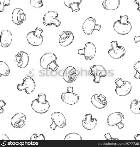 Hand drawn mushrooms. Champignons on white background. Vector seamless pattern.. Champignons on white background. Vector pattern.