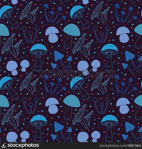 Hand drawn mushrooms collection seamless pattern. Vector illustration.