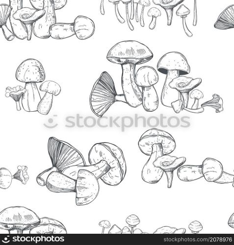 Hand drawn mushrooms on white background. Vector seamless pattern. Hand drawn mushrooms. Vector seamless pattern