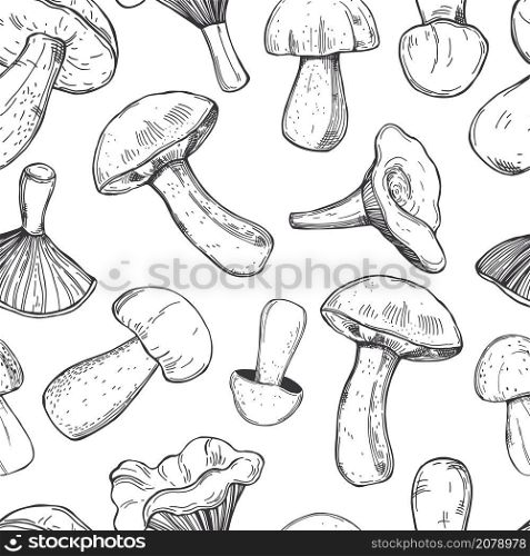 Hand drawn mushrooms on white background. Vector seamless pattern. Hand drawn mushrooms. Vector seamless pattern
