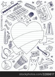 Hand drawn music doodles with big heart banner.